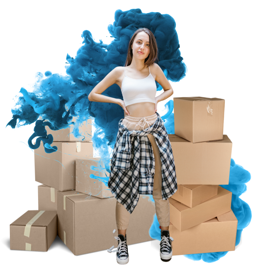 woman with boxes in background